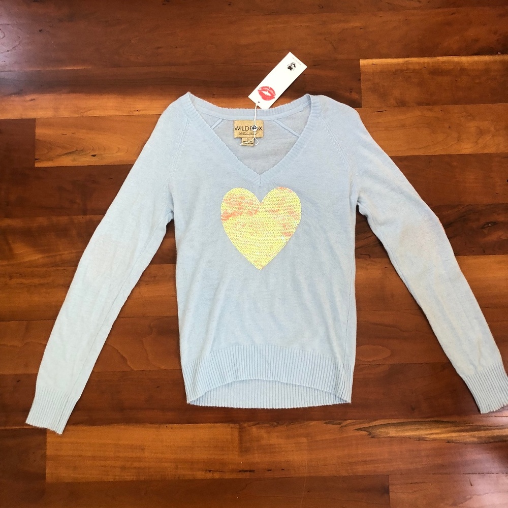 Wildfox cashmere light blue sequined heart sweater